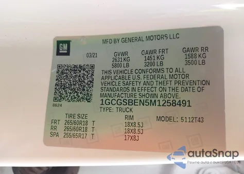 2021 Chevrolet Colorado 2Wd Long Box Wt z USA, uszkodzony, nr VIN 1GCGSBEN5M1258491